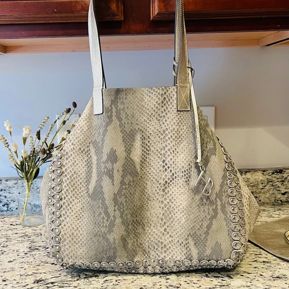 HENRI BENDEL Astrid Reversible Leather Suede Metallic Gold Snakeskin Python Hobo